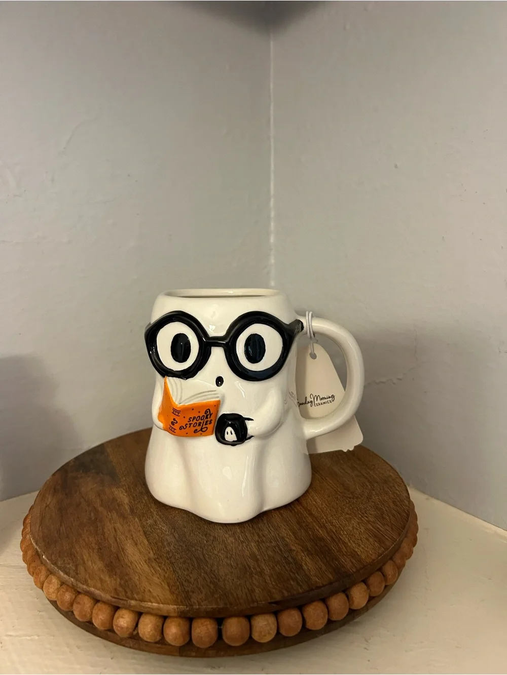 Cute!! White Ghost Mug with Black Glasses and Orange Book